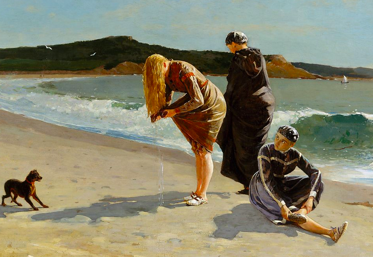 Painting of three people and a small dog along the seashore
