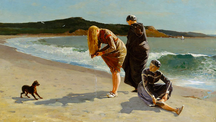 Painting of three people and a small dog along the seashore