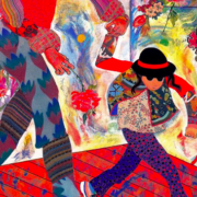 Painting of a father and daughter walking hand in hand