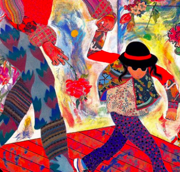 Painting of a father and daughter walking hand in hand