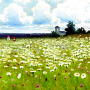 Painting of a field of white daisies