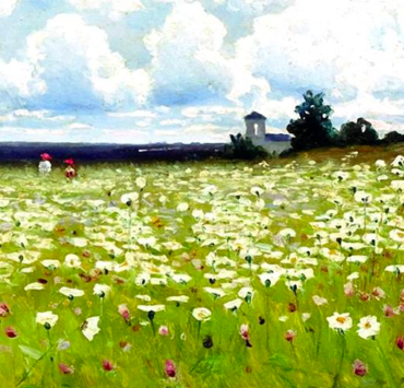 Painting of a field of white daisies