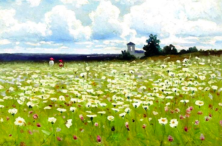 Painting of a field of white daisies