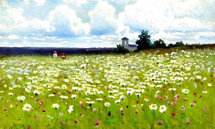 Painting of a field of white daisies