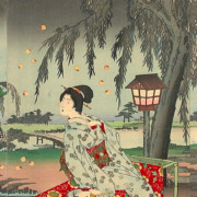 Japanese painting of three women in the yard of a country house swatting fireflies with fans
