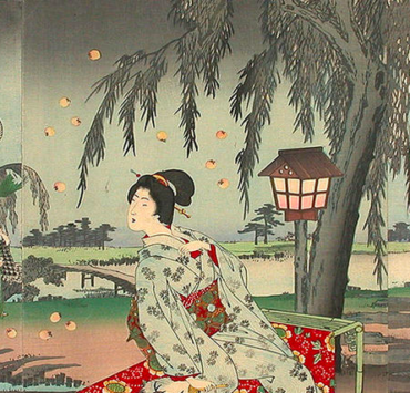 Japanese painting of three women in the yard of a country house swatting fireflies with fans