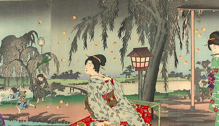 Japanese painting of three women in the yard of a country house swatting fireflies with fans