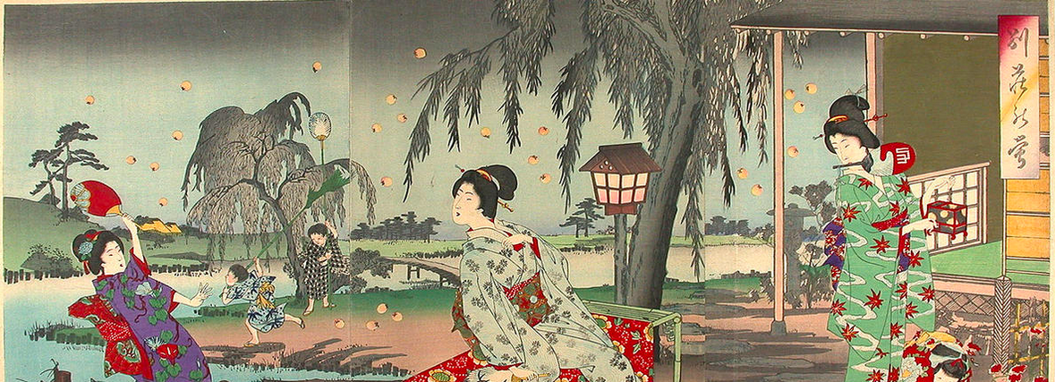 Japanese painting of three women in the yard of a country house swatting fireflies with fans