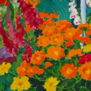 Oil painting of orange and yellow marigolds