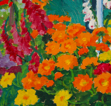 Oil painting of orange and yellow marigolds