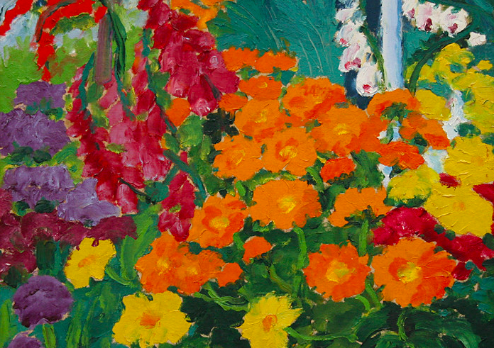 Oil painting of orange and yellow marigolds