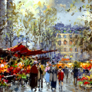 Impressionist painting of a flower market on a rainy winter day