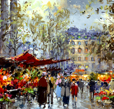 Impressionist painting of a flower market on a rainy winter day
