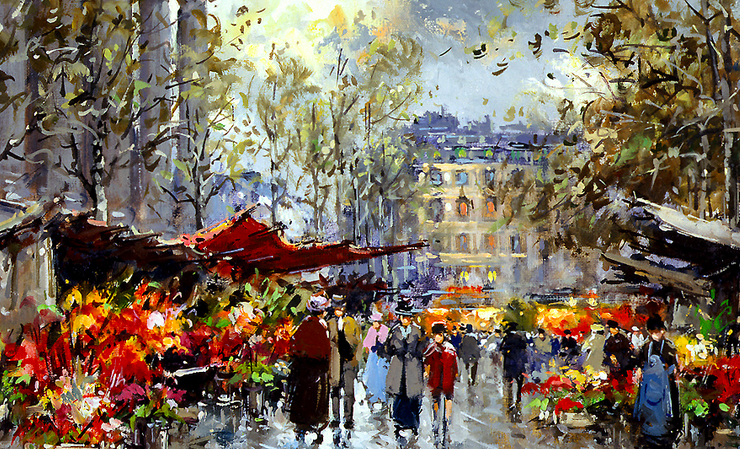 Impressionist painting of a flower market on a rainy winter day