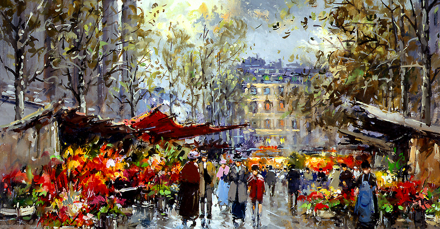 Impressionist painting of a flower market on a rainy winter day