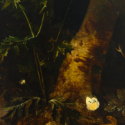 Painting of a tree trunk with various animals at the base including a snake and salamander