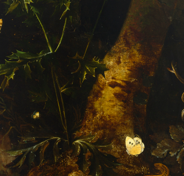 Painting of a tree trunk with various animals at the base including a snake and salamander