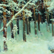 Oil painting of a forest covered in snow