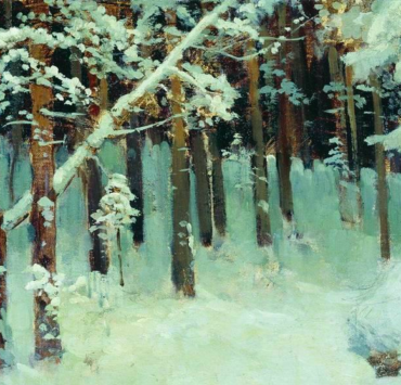 Oil painting of a forest covered in snow