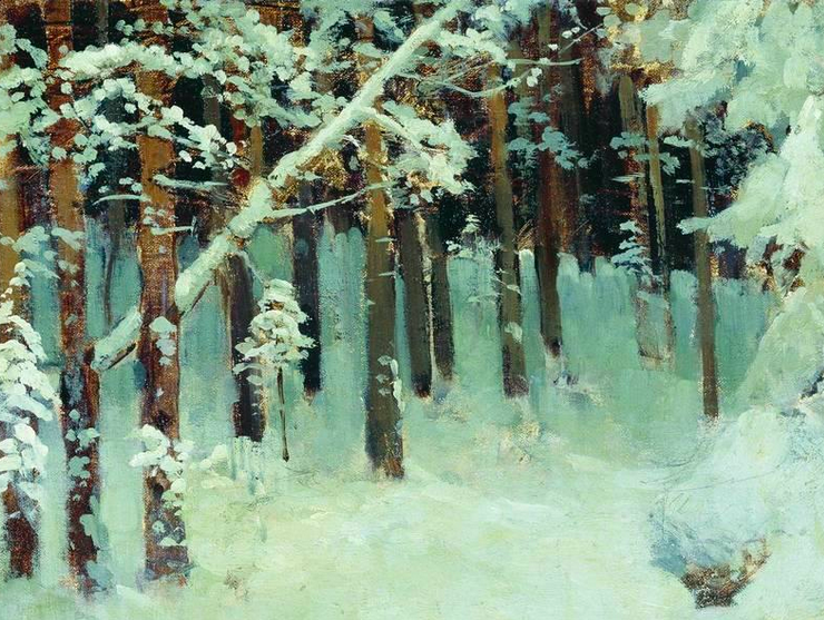 Oil painting of a forest covered in snow