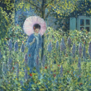 Impressionist painting of a woman with a pink parasol in a garden of foxgloves