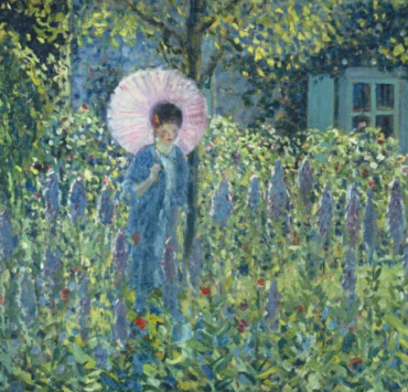 Impressionist painting of a woman with a pink parasol in a garden of foxgloves