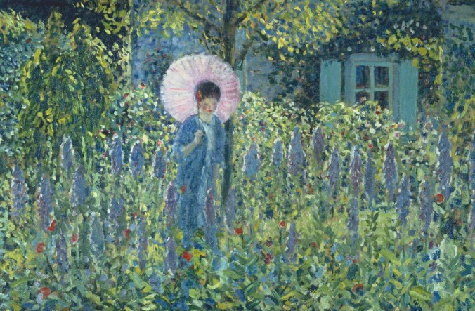 Impressionist painting of a woman with a pink parasol in a garden of foxgloves