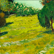 Impressionist painting in shades of green featuring a field surrounded by willow trees