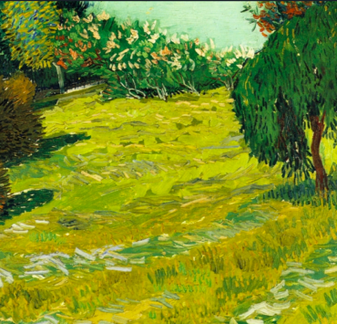 Impressionist painting in shades of green featuring a field surrounded by willow trees