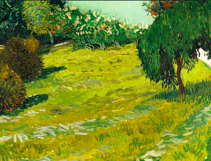 Impressionist painting in shades of green featuring a field surrounded by willow trees