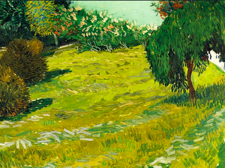 Impressionist painting in shades of green featuring a field surrounded by willow trees
