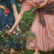 Painting of two women gathering roses