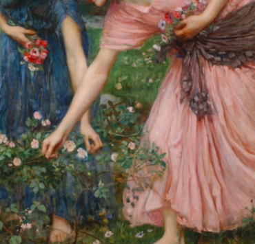 Painting of two women gathering roses