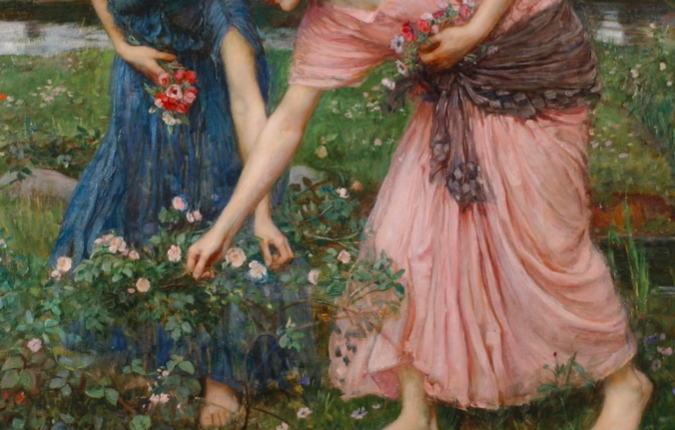 Painting of two women gathering roses