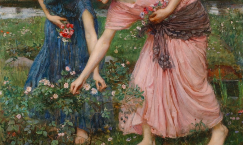 Painting of two women gathering roses