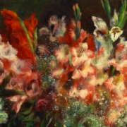 Oil painting of pink and orange gladiolas in a vase