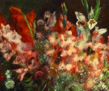 Oil painting of pink and orange gladiolas in a vase