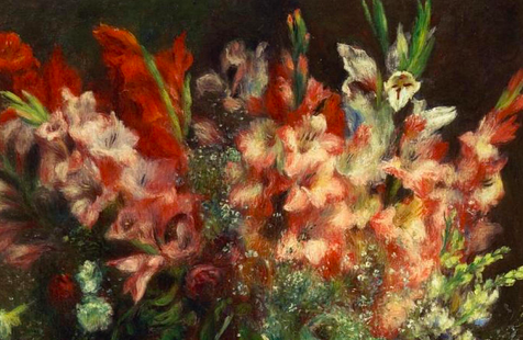 Oil painting of pink and orange gladiolas in a vase