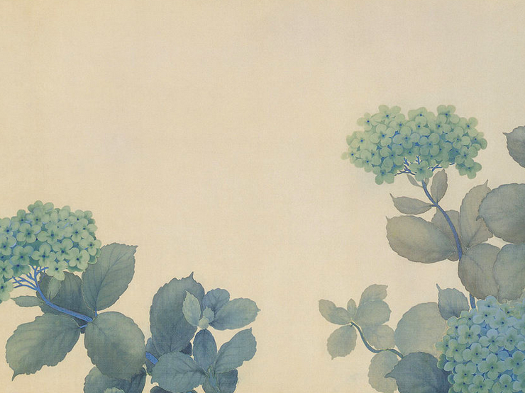 Japanese print of hydrangea flowers with a butterfly