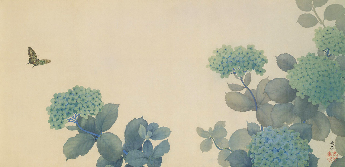 Japanese print of hydrangea flowers with a butterfly
