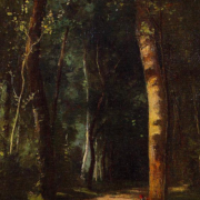 Painting of a dark woodland path