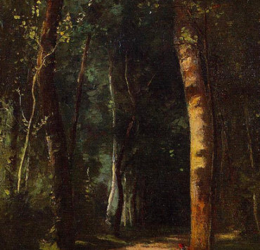 Painting of a dark woodland path