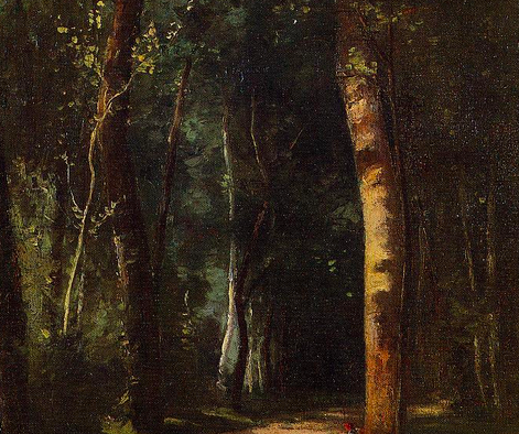Painting of a dark woodland path