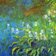 Impressionist painting of irises lining a pond ban