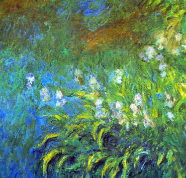 Impressionist painting of irises lining a pond ban