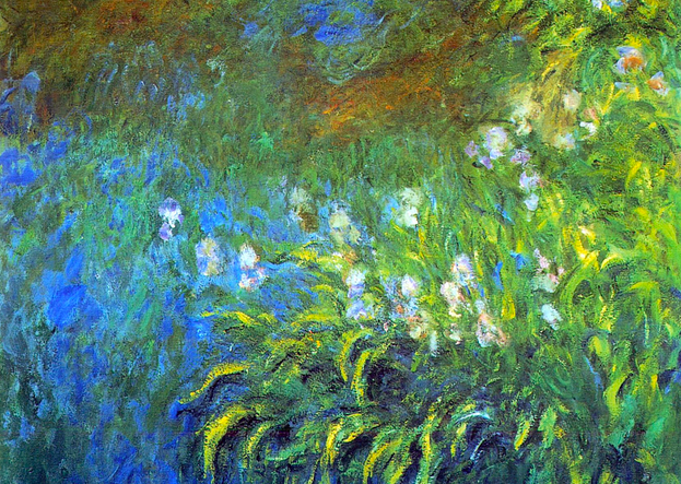 Impressionist painting of irises lining a pond ban