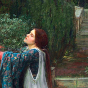 Painting of a woman hugging a pot of basil