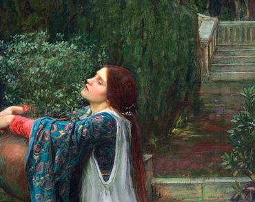 Painting of a woman hugging a pot of basil