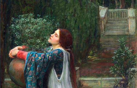 Painting of a woman hugging a pot of basil