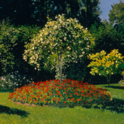 Impressionist painting of a woman in a light dress walking through a garden